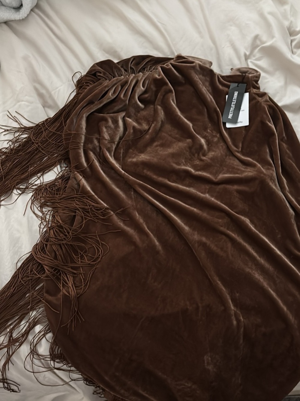 PrettyLittleThing Brown Velvet Fringe Dress